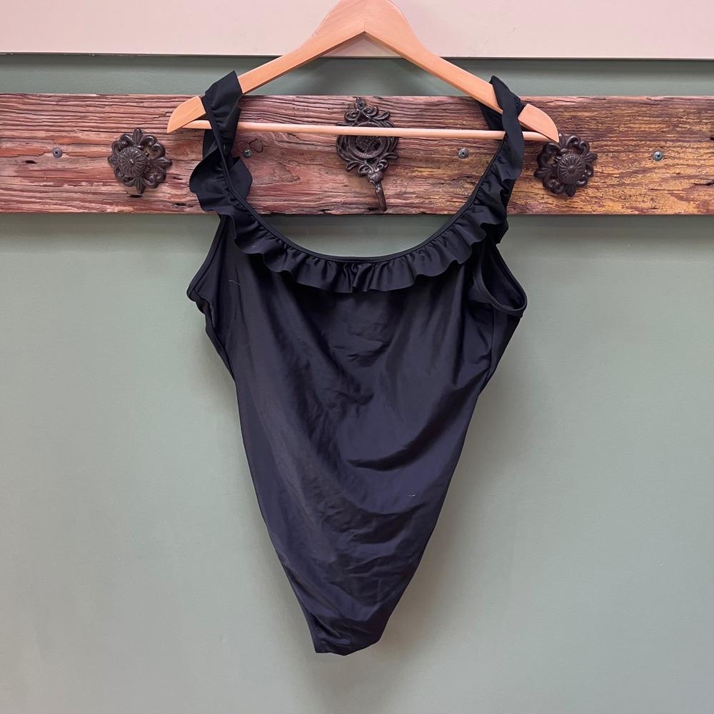 J.Crew Womens Black Ruffle Scoop Neck One Piece Swimsuit AO446‎ Size L NEW